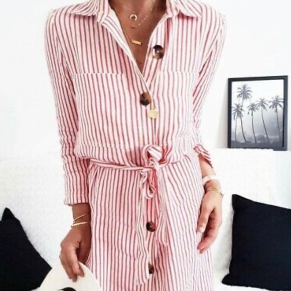 Zara | Red White Stripe Linen Tunic Belted Dress S - Picture 5 of 10